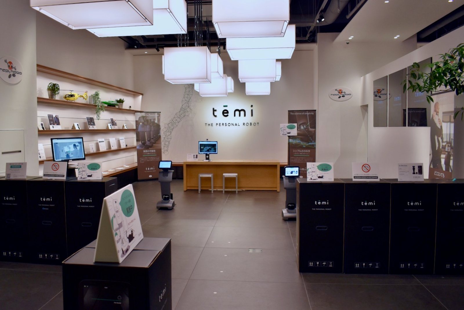 白い壁に「temi THE PERSONAL ROBOT」の文字と hapi-robo のロゴが掲げられた展示スペース。台の上や床に temi の実機が並び、製品パネルと解説ボードが置かれている